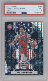 Cade Cunningham from the 2021-22 Panini Mosaic  set featuring a Genesis parallel graded by PSA and given an overall grade of 9.