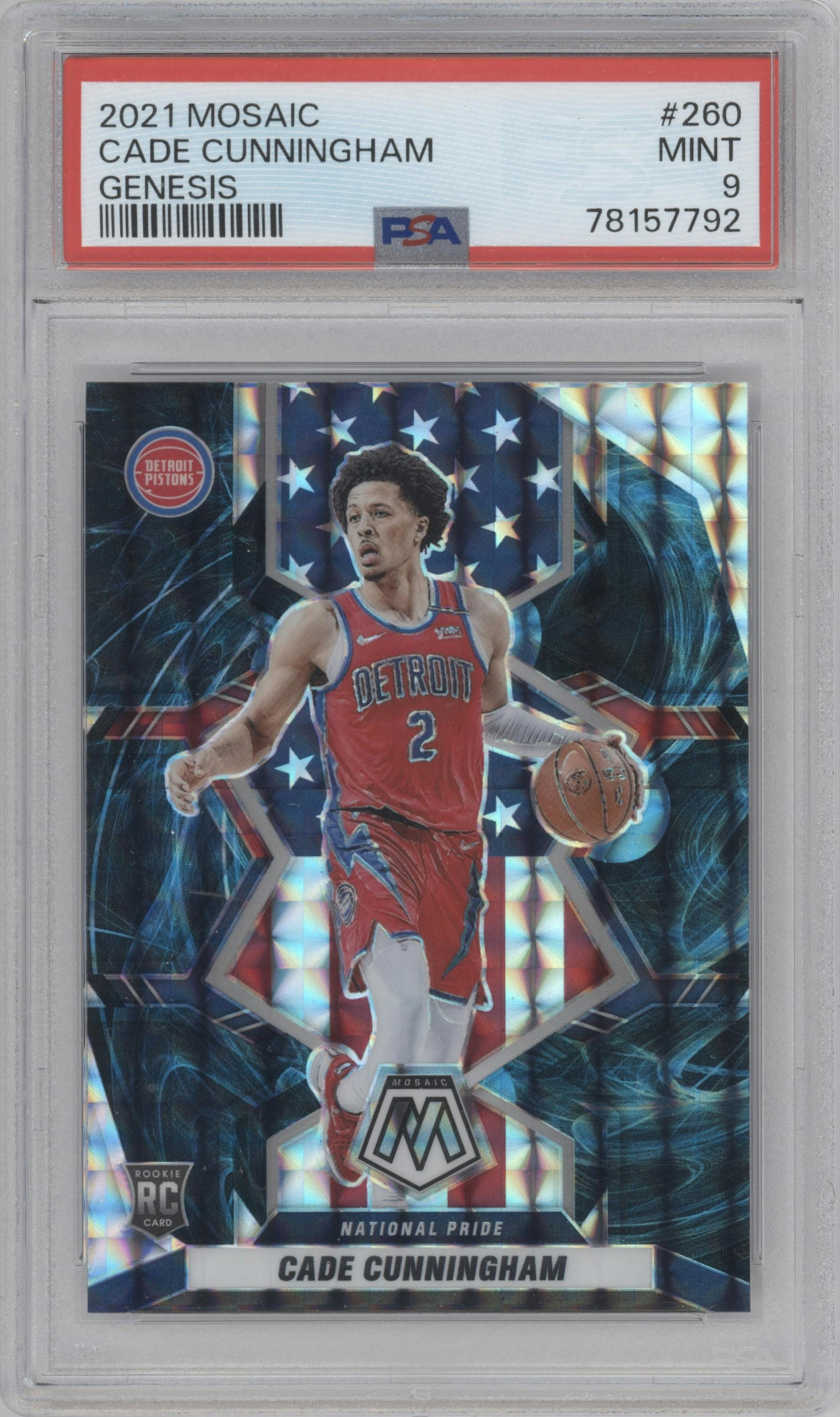 Cade Cunningham from the 2021-22 Panini Mosaic  set featuring a Genesis parallel graded by PSA and given an overall grade of 9.