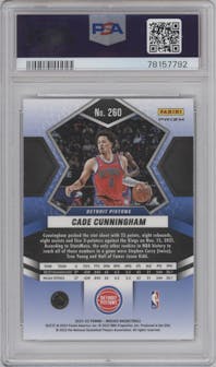 Cade Cunningham from the 2021-22 Panini Mosaic  set featuring a Genesis parallel graded by PSA and given an overall grade of 9.