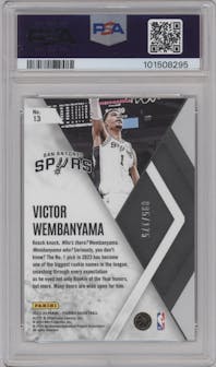 Victor Wembanyama from the 2023-24 Panini Phoenix set featuring a Green Lazer parallel graded by PSA and given an overall grade of 10.