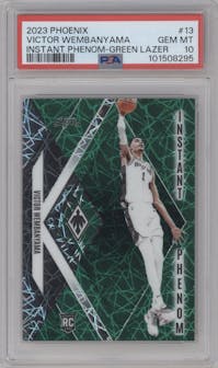 Victor Wembanyama from the 2023-24 Panini Phoenix set featuring a Green Lazer parallel graded by PSA and given an overall grade of 10.