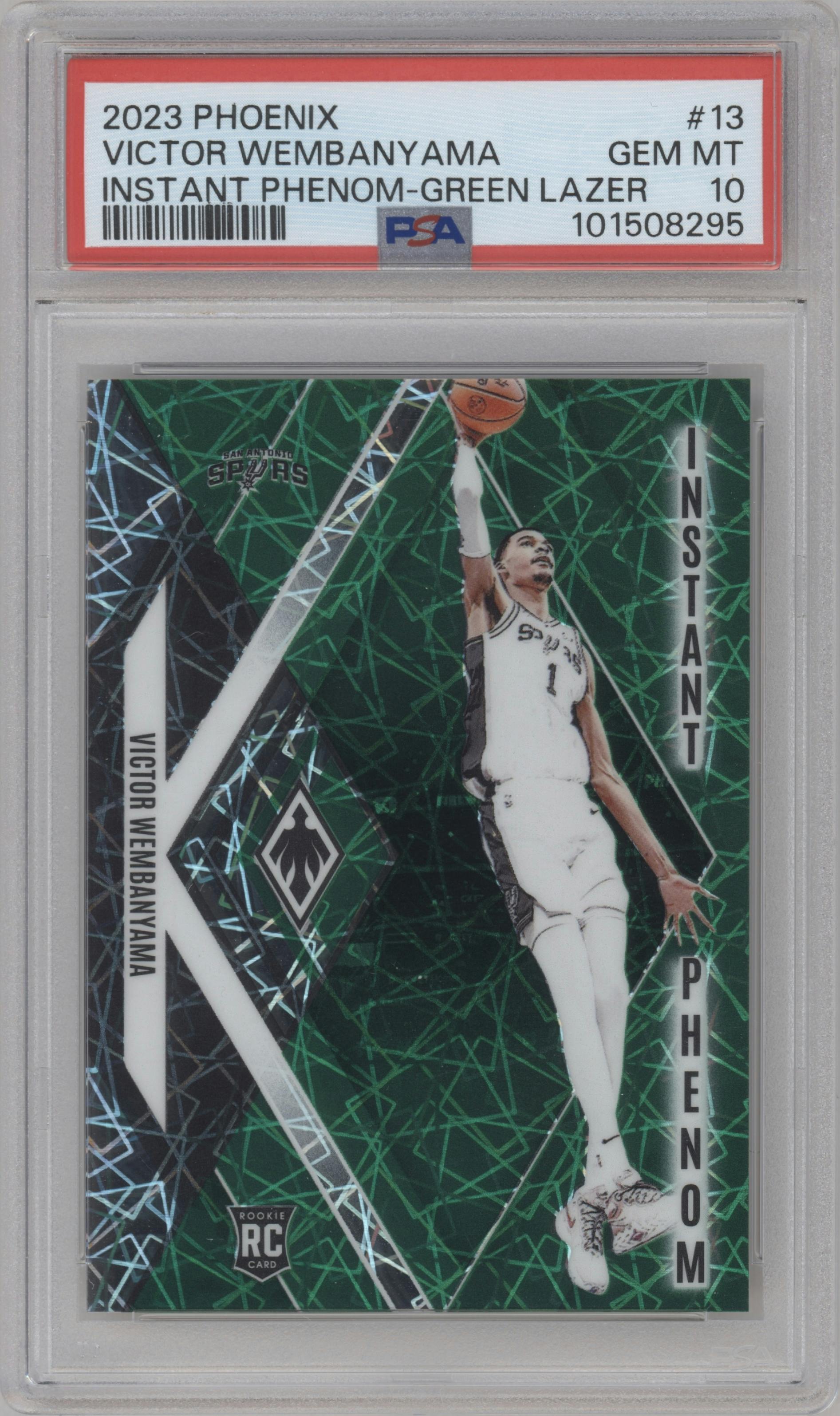 Victor Wembanyama from the 2023-24 Panini Phoenix set featuring a Green Lazer parallel graded by PSA and given an overall grade of 10.