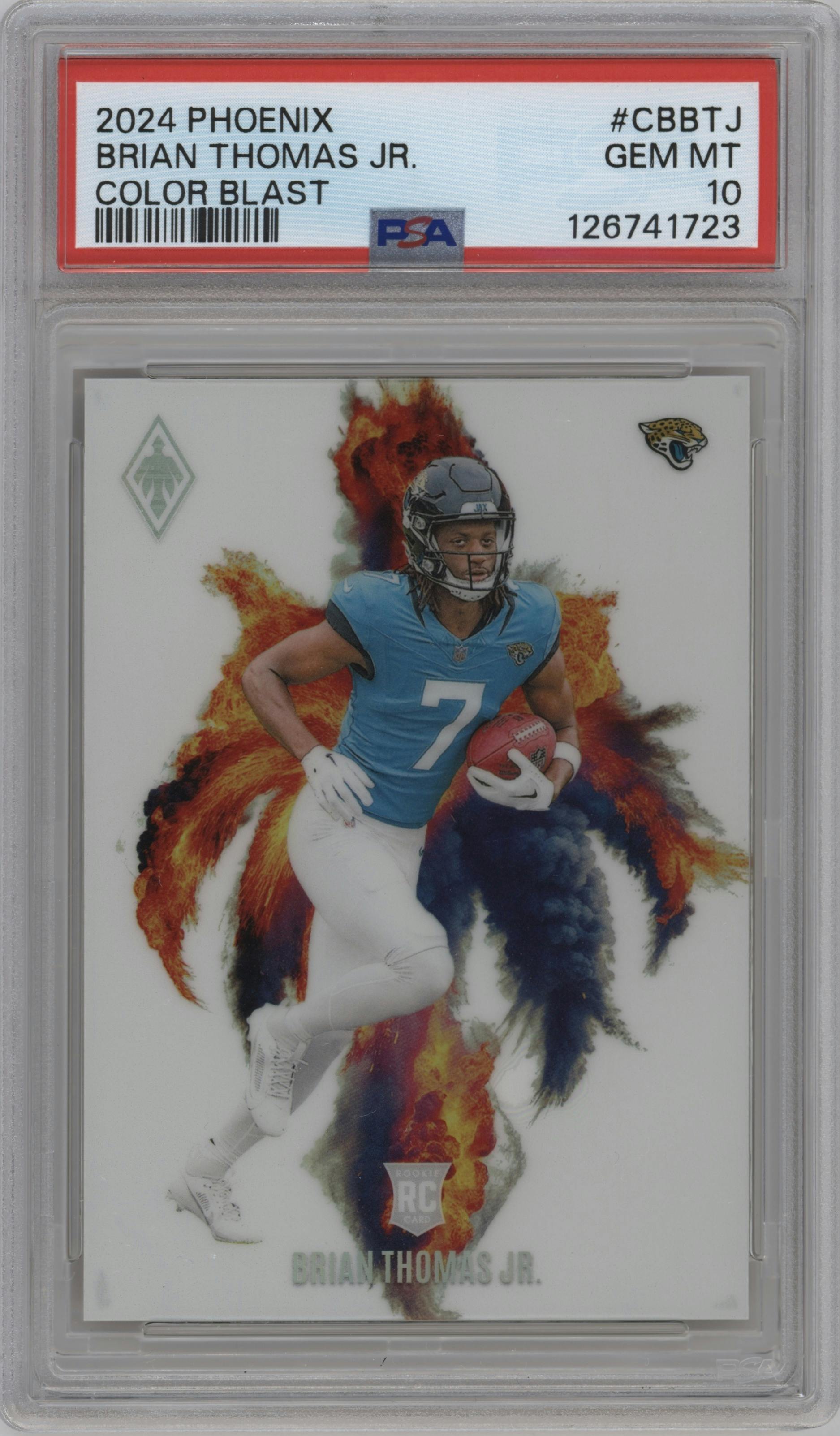 Brian Thomas Jr. from the 2024 Panini Phoenix set graded by PSA and given an overall grade of 10.