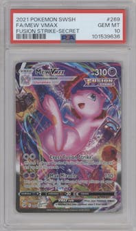 Mew VMAX from the 2021 Pokemon SWSH set graded by PSA and given an overall grade of 10.