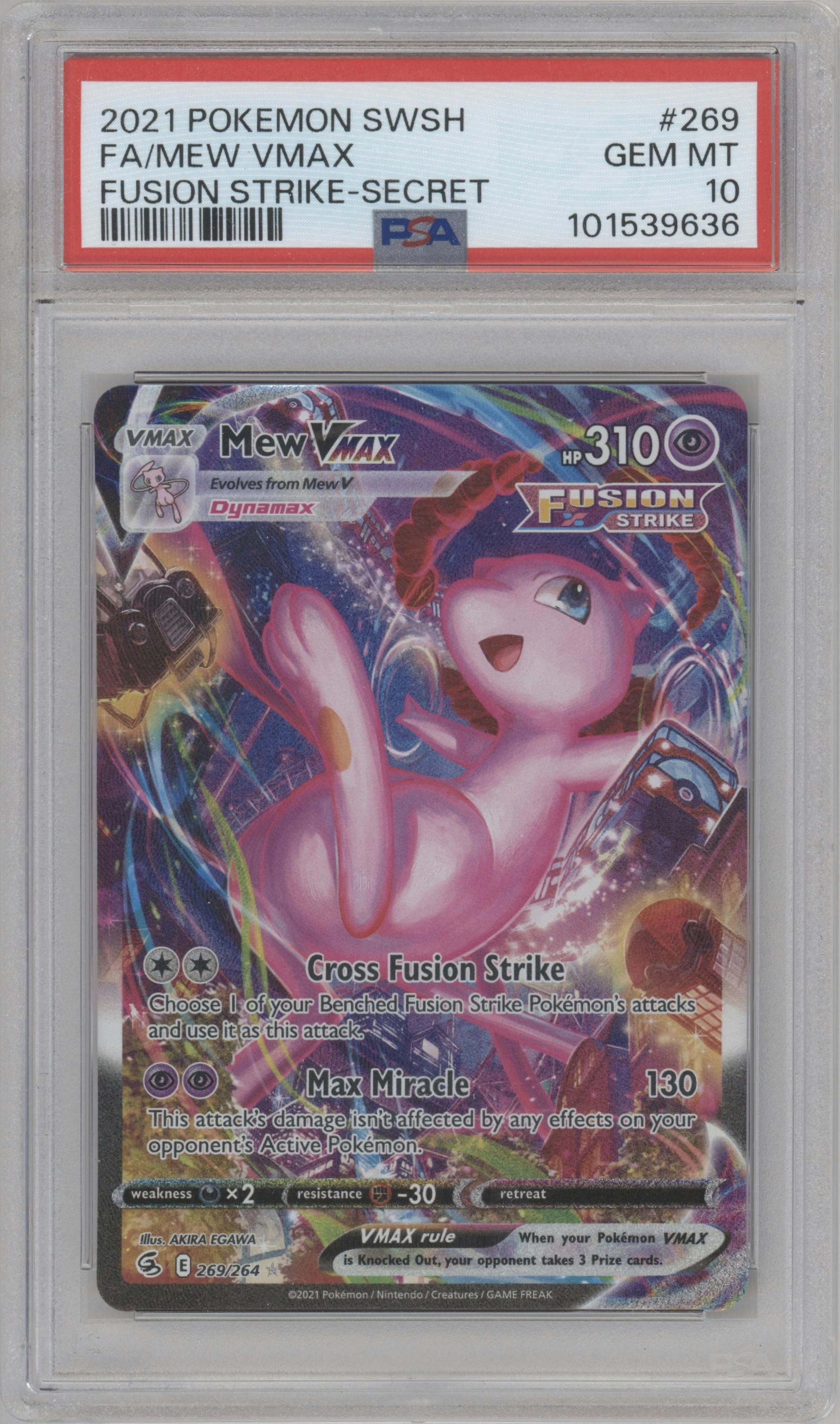 Mew VMAX from the 2021 Pokemon SWSH set graded by PSA and given an overall grade of 10.