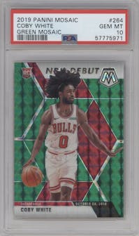 Coby White from the 2019-20 Panini Mosaic  set featuring a Green Mosaic parallel graded by PSA and given an overall grade of 10.