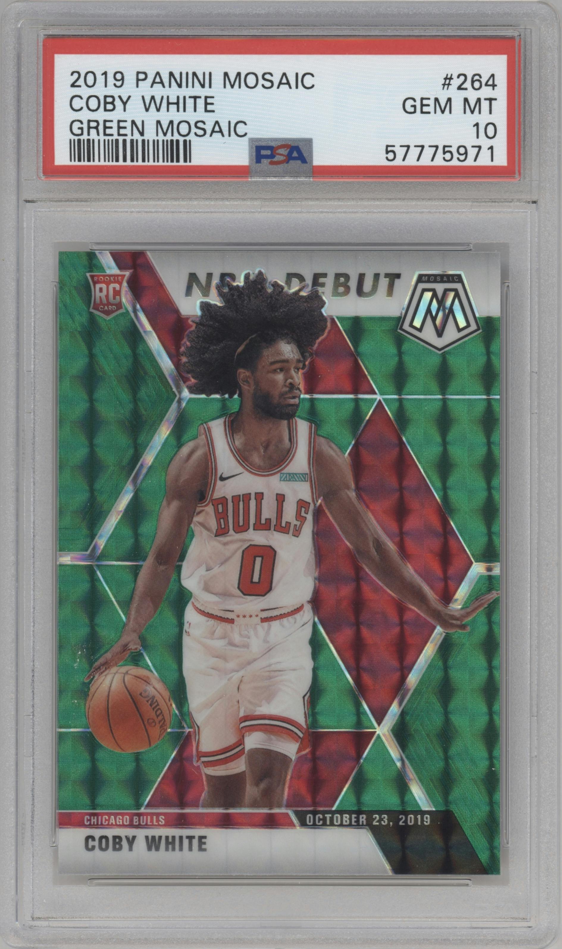 Coby White from the 2019-20 Panini Mosaic  set featuring a Green Mosaic parallel graded by PSA and given an overall grade of 10.
