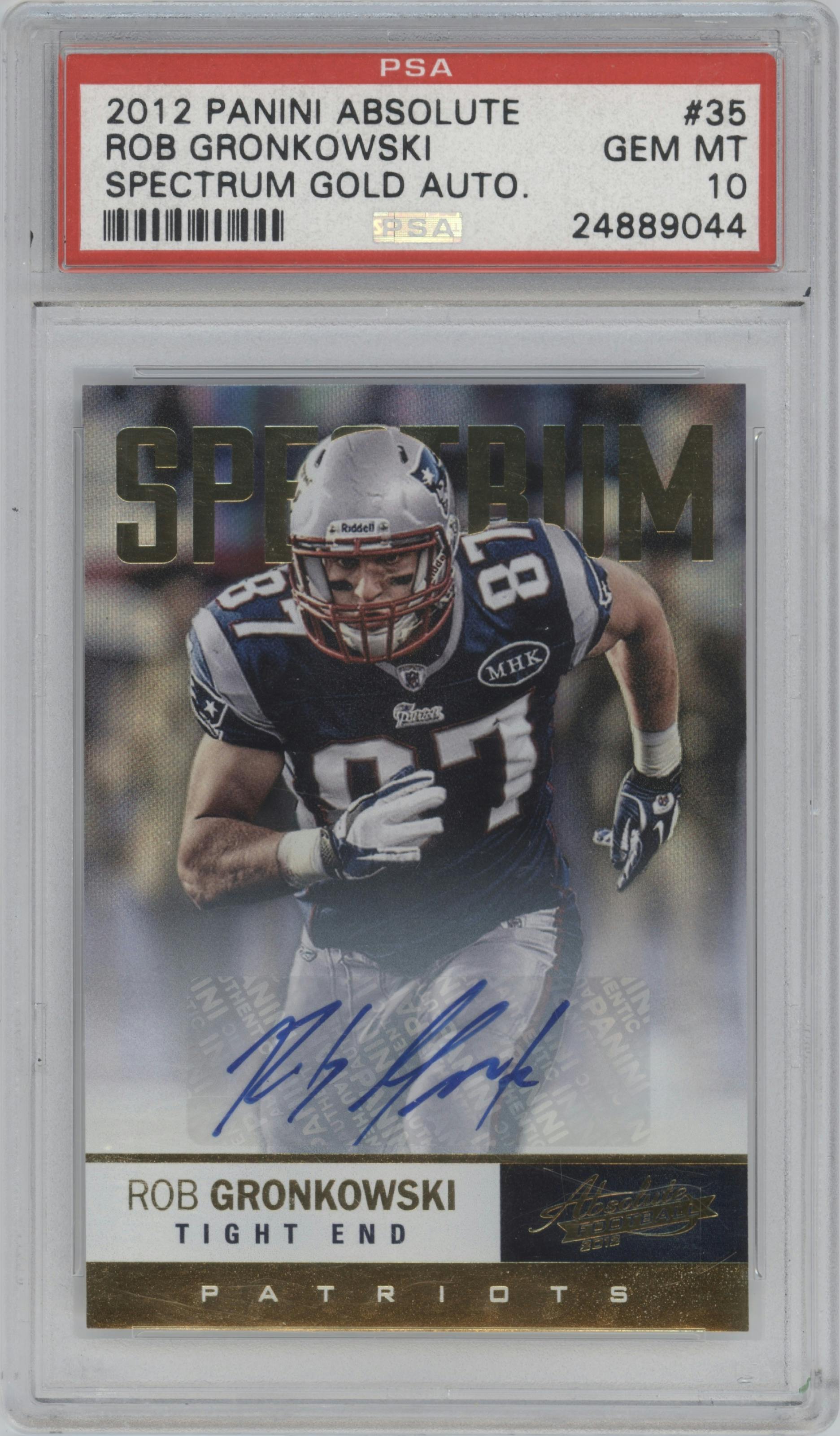 Rob Gronkowski from the 2012 Absolute Football set featuring a Spectrum Gold Autograph parallel graded by PSA and given an overall grade of 10.