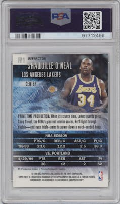 Shaquille O'Neal from the 1999-00 Topps Finest set featuring a Refractor parallel graded by PSA and given an overall grade of 9.
