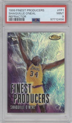 Shaquille O'Neal from the 1999-00 Topps Finest set featuring a Refractor parallel graded by PSA and given an overall grade of 9.