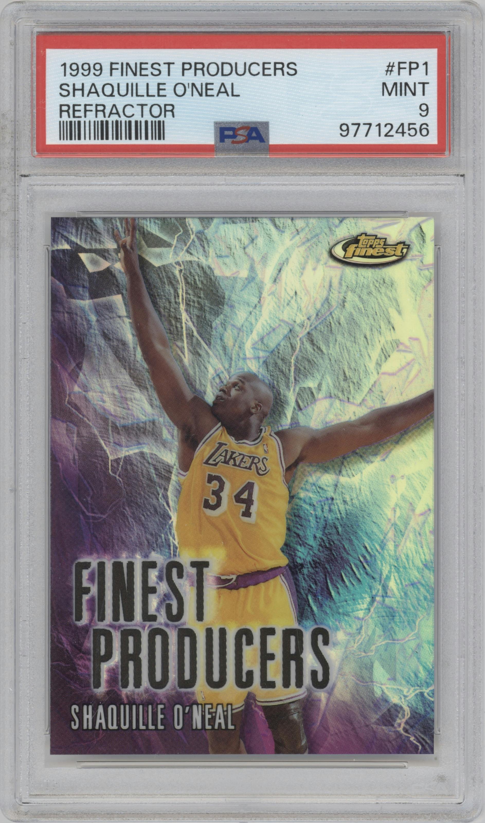 Shaquille O'Neal from the 1999-00 Topps Finest set featuring a Refractor parallel graded by PSA and given an overall grade of 9.