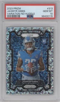 Jahmyr Gibbs from the 2023 Panini Prizm set featuring a No Huddle parallel graded by PSA and given an overall grade of 10.
