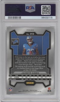 Jahmyr Gibbs from the 2023 Panini Prizm set featuring a No Huddle parallel graded by PSA and given an overall grade of 10.