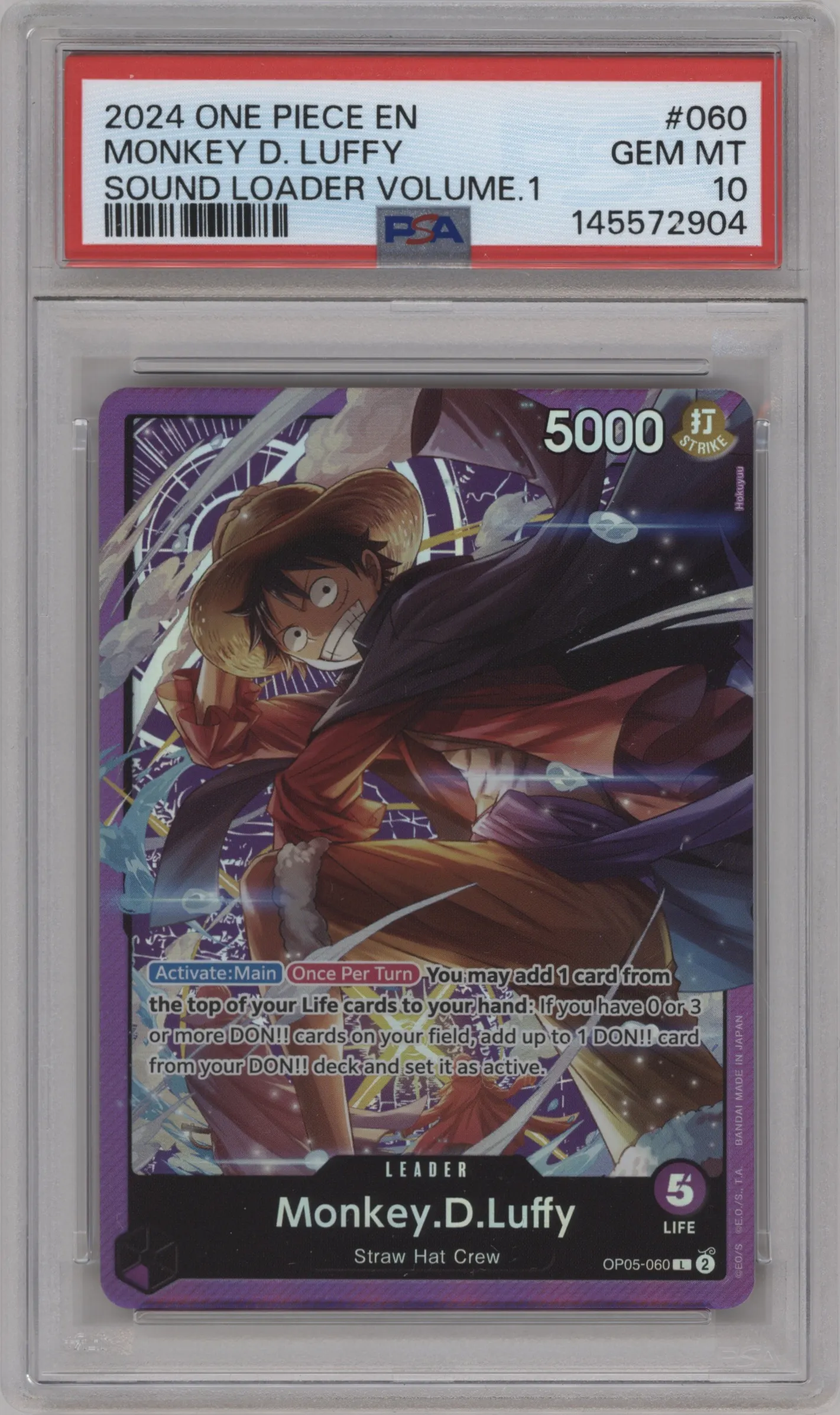 2024 One Piece Sound Loader Vol.1 Monkey.D.Luffy L #OP05-060 L PSA 10