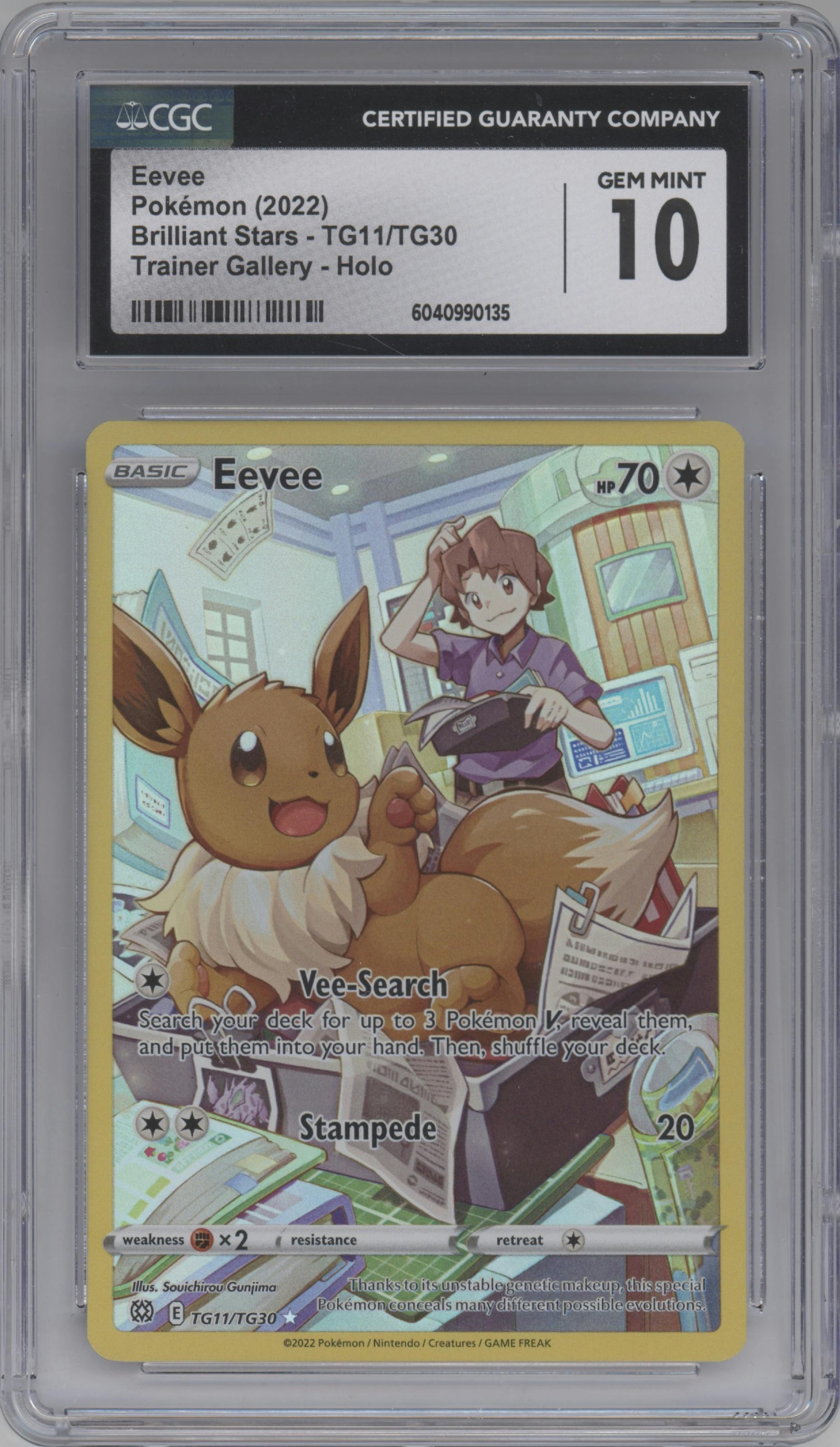 Eevee from the 2022 Pokemon SWSH set graded by CSG and given an overall grade of 10.