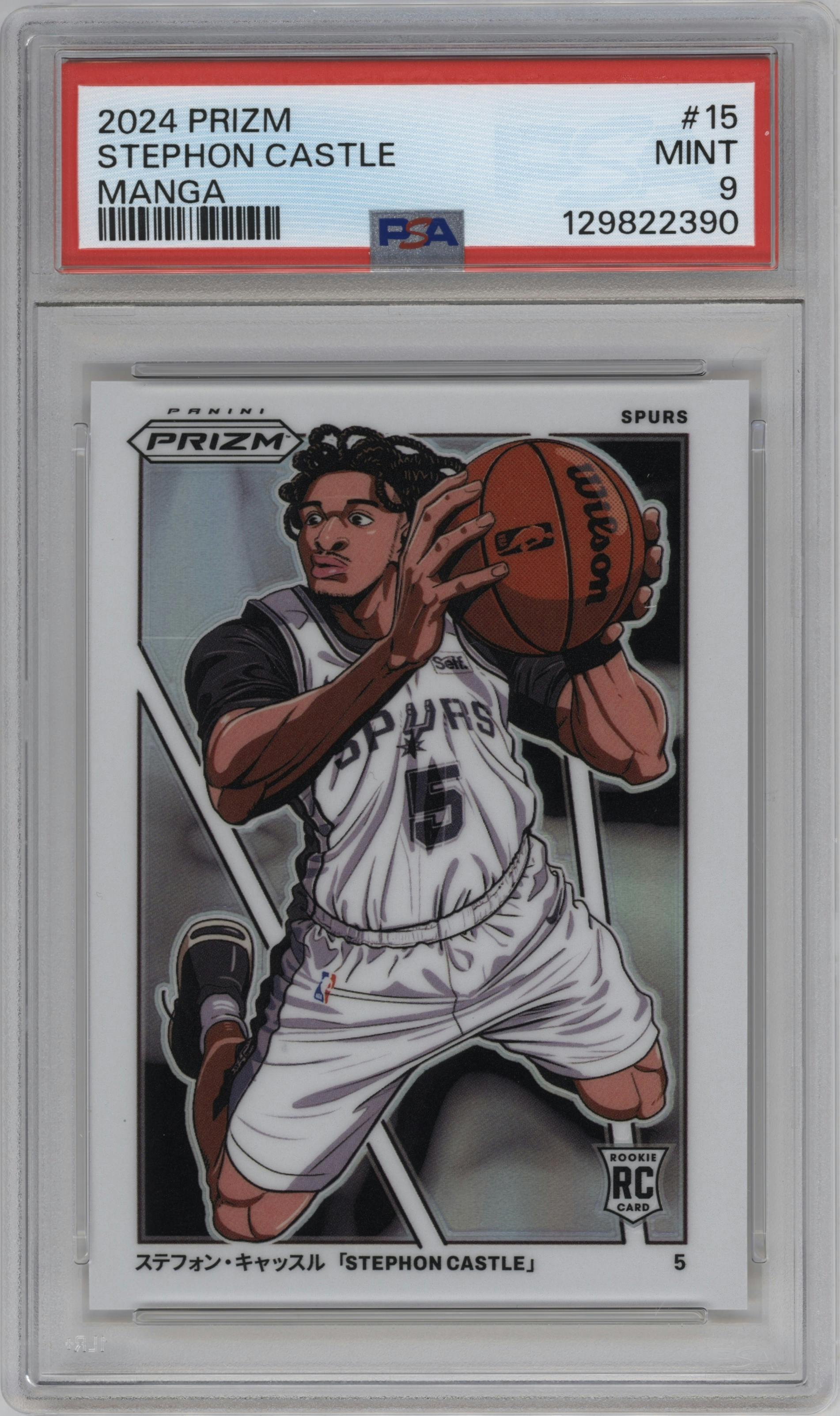 Stephon Castle from the 2024-25 Panini Prizm set graded by PSA and given an overall grade of 9.