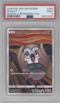 Rowlet from the 2018 Pokemon S&M JPN  set featuring a Munch: A Retrospective  parallel graded by PSA and given an overall grade of 9.