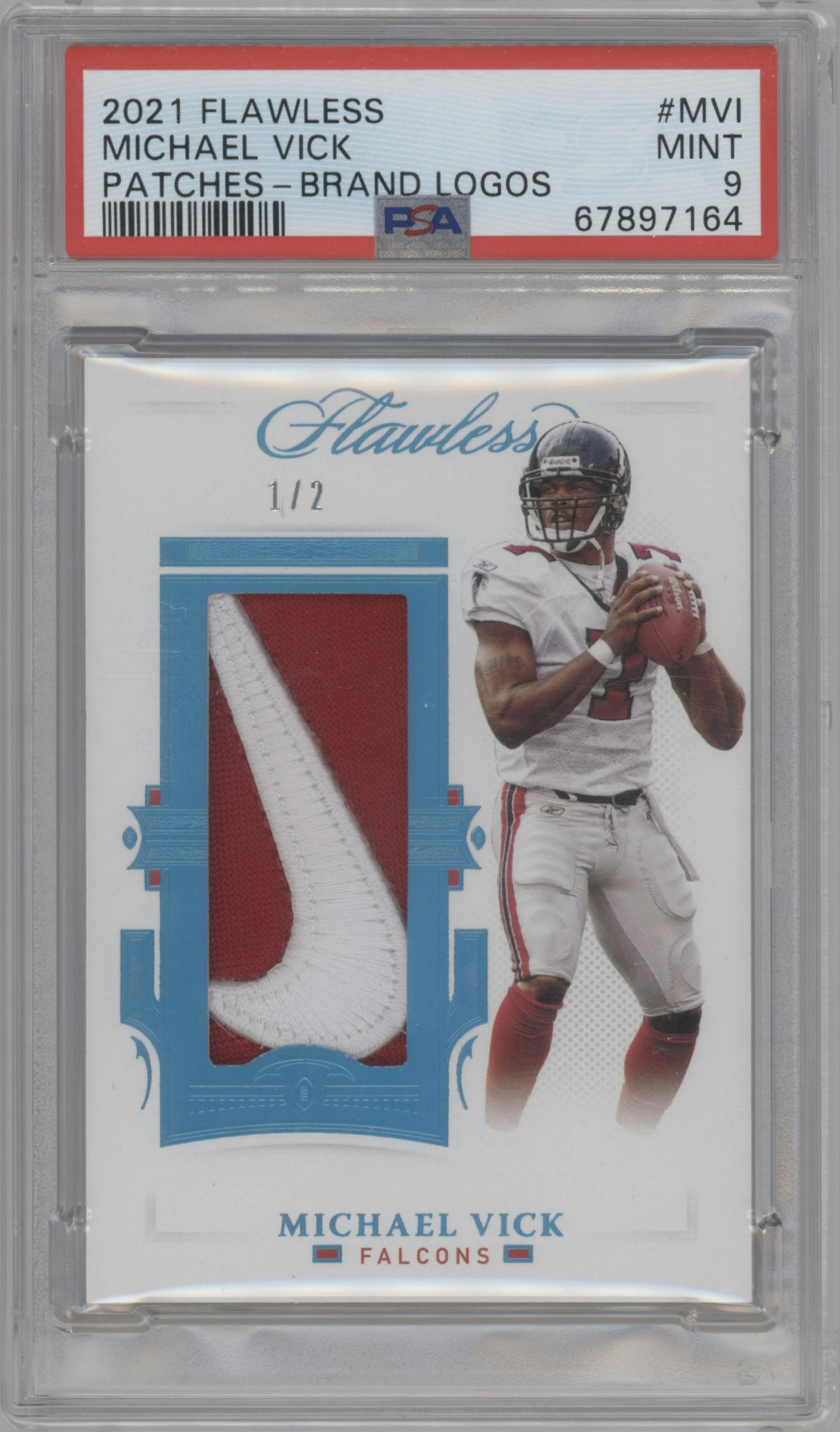 Michael Vick from the 2021 Panini Flawless set featuring a Brand Logos parallel graded by PSA and given an overall grade of 9.