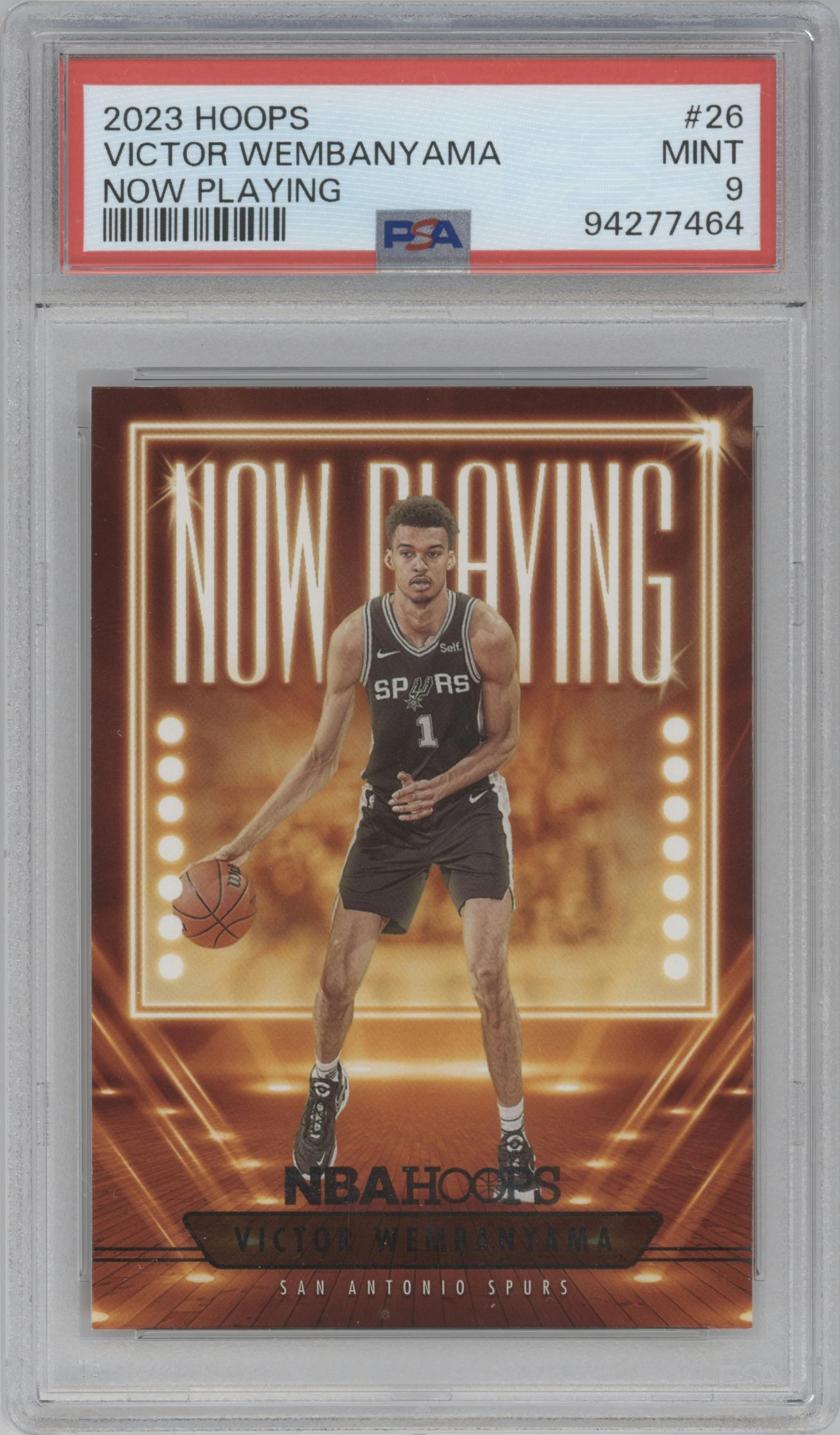 Victor Wembanyama from the 2023-24 Panini NBA Hoops set graded by PSA and given an overall grade of 9.