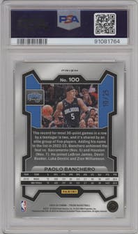 Paolo Banchero from the 2023-24 Panini Prizm set featuring a Mojo parallel graded by PSA and given an overall grade of 10.