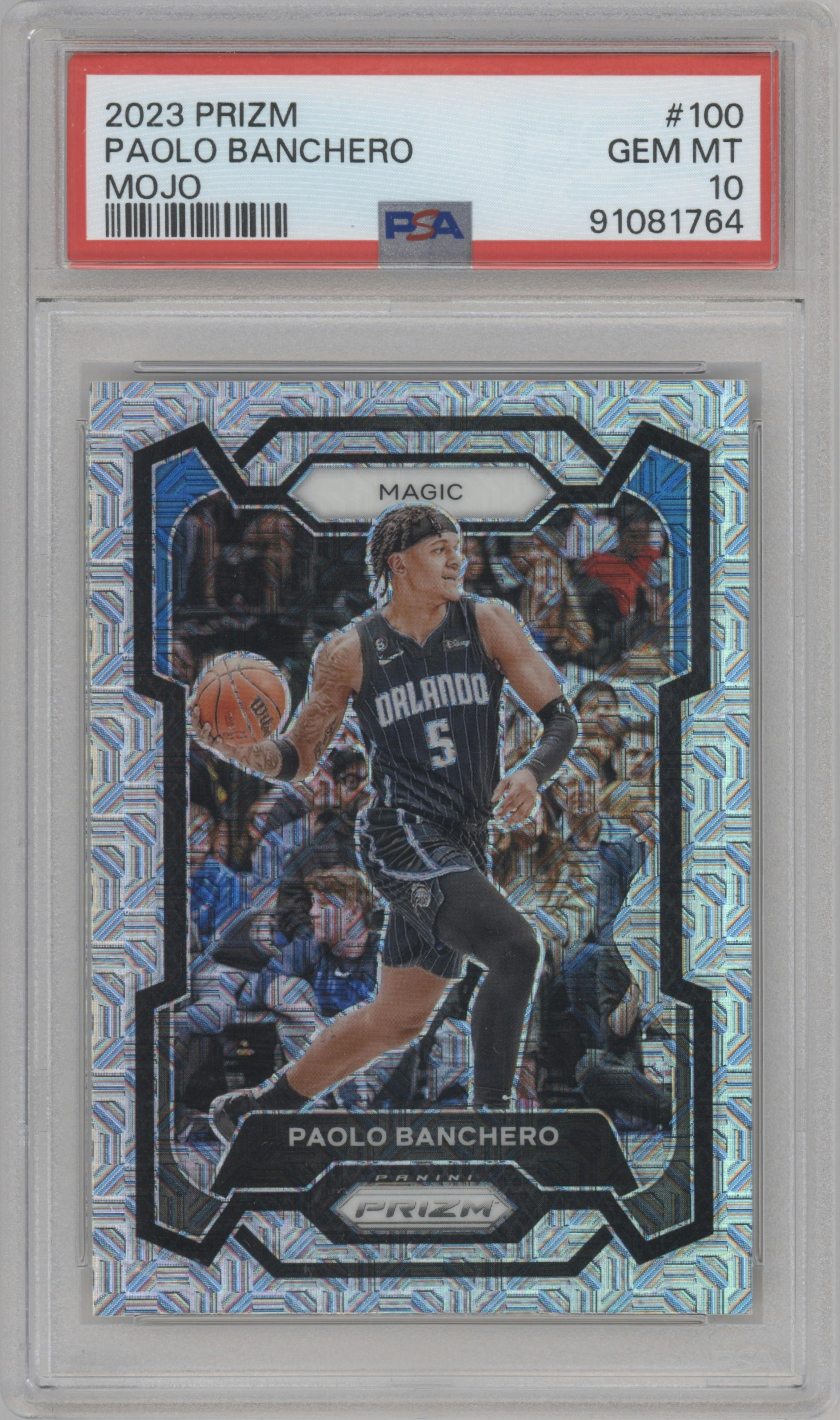 Paolo Banchero from the 2023-24 Panini Prizm set featuring a Mojo parallel graded by PSA and given an overall grade of 10.