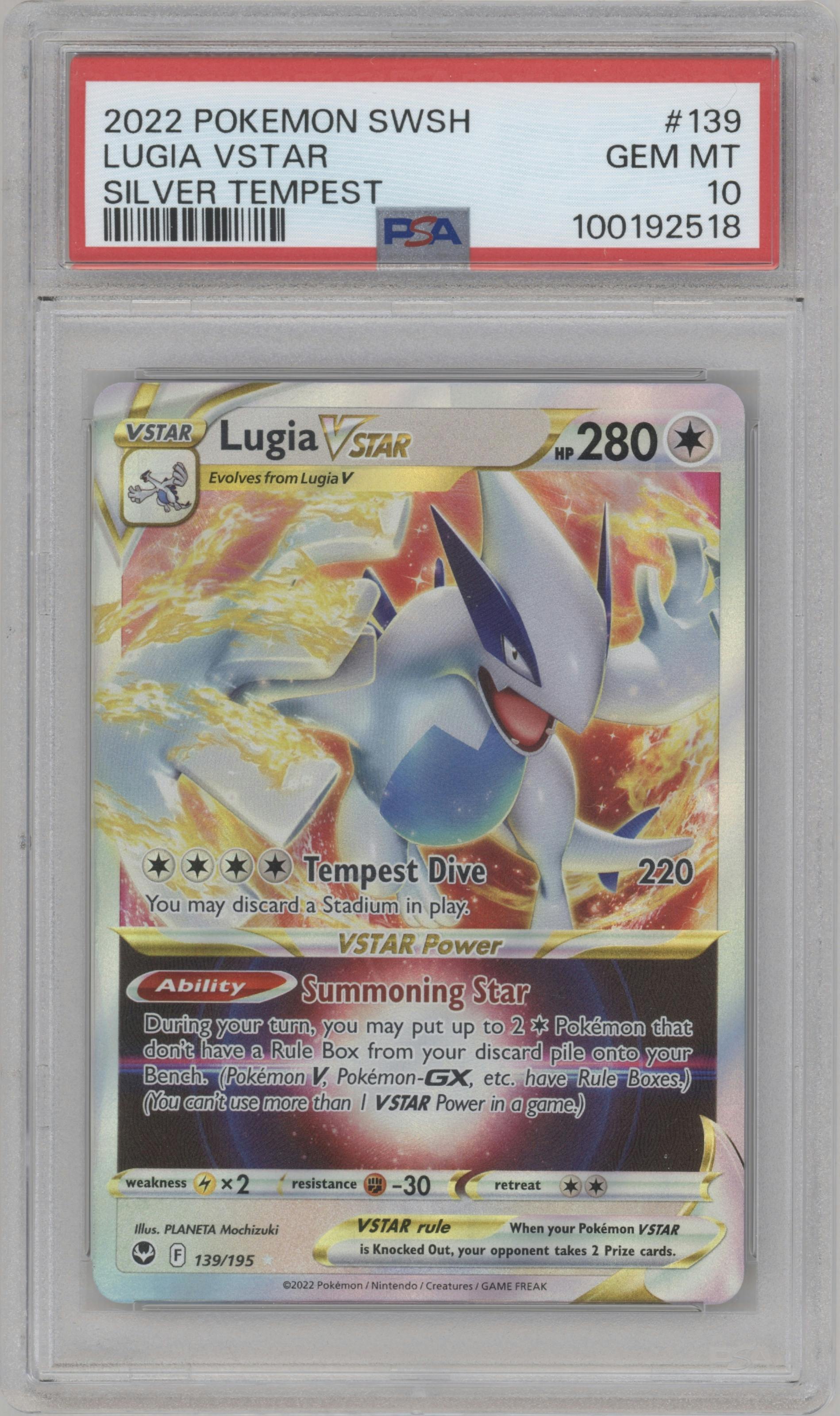 Lugia VStar from the 2022 Pokemon SWSH set graded by PSA and given an overall grade of 10.