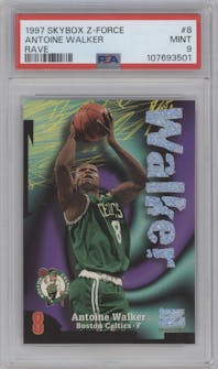 Antoine Walker from the 1997-98 Skybox Z-Force set featuring a  Rave parallel graded by PSA and given an overall grade of 9.