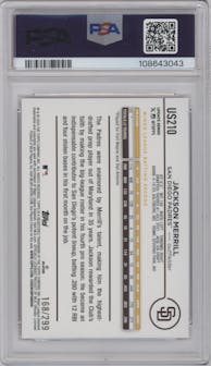 Jackson Merrill from the 2024 Topps Update set featuring a Orange Crackle Foilboard parallel graded by PSA and given an overall grade of 10.