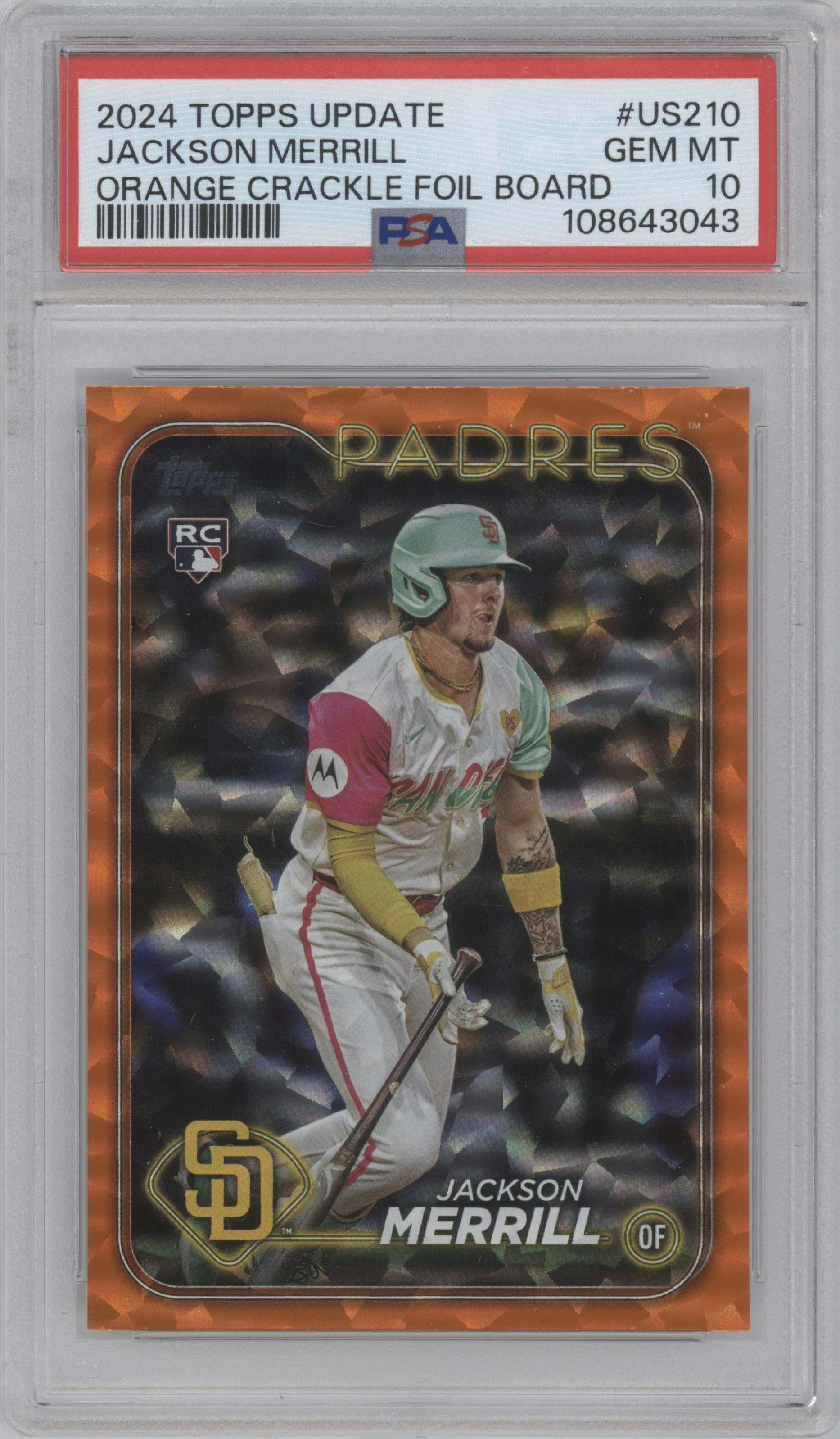 Jackson Merrill from the 2024 Topps Update set featuring a Orange Crackle Foilboard parallel graded by PSA and given an overall grade of 10.
