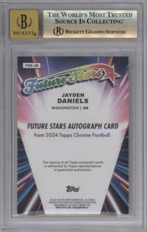 Jayden Daniels from the 2024 Topps Chrome set featuring a Orange Geometric Refractor parallel graded by Beckett and given an overall grade of 9.5.
