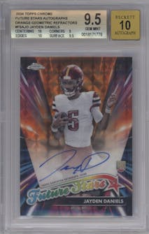 Jayden Daniels from the 2024 Topps Chrome set featuring a Orange Geometric Refractor parallel graded by Beckett and given an overall grade of 9.5.