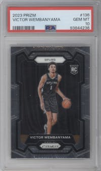 Victor Wembanyama from the 2023-24 Panini Prizm set graded by PSA and given an overall grade of 10.