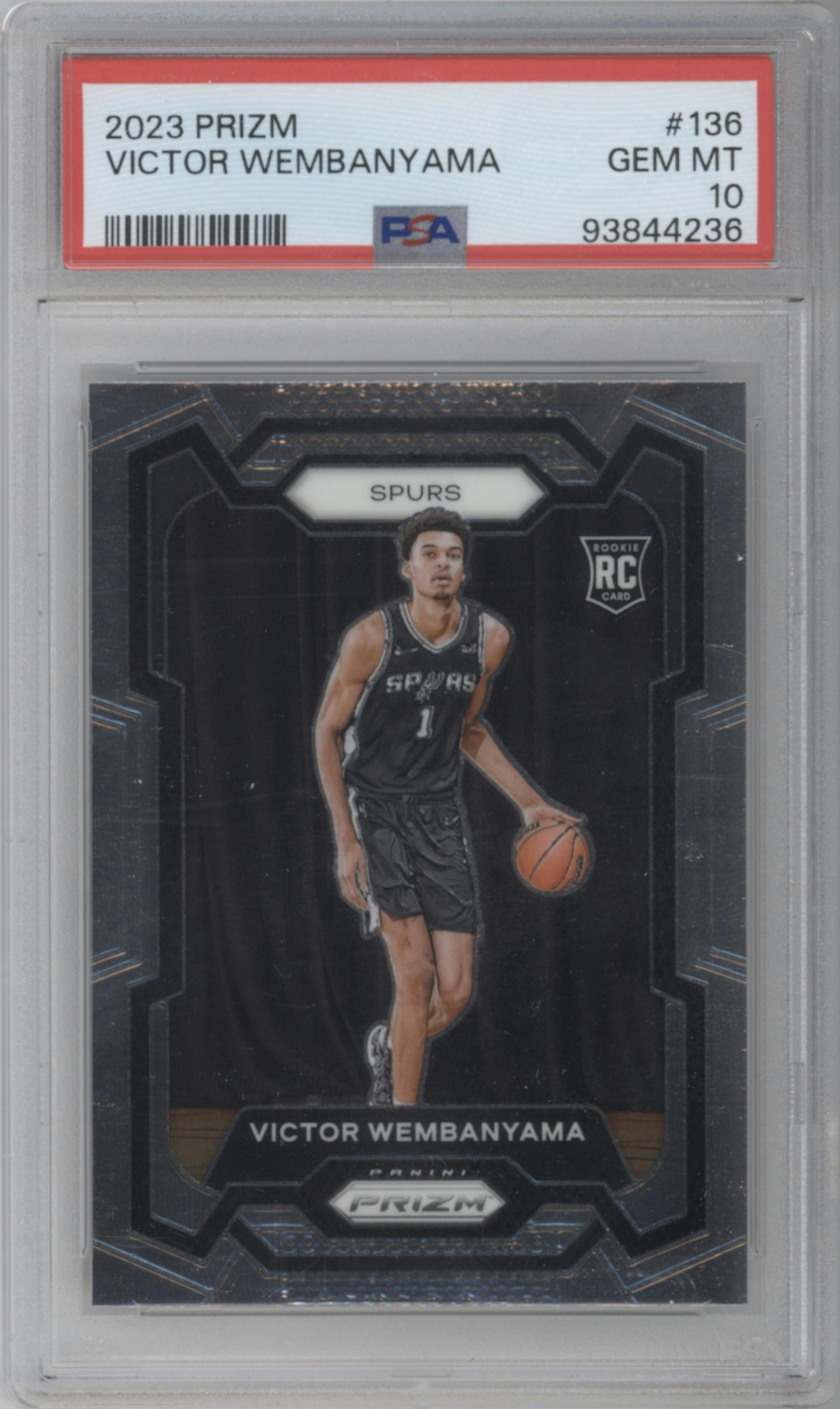 Victor Wembanyama from the 2023-24 Panini Prizm set graded by PSA and given an overall grade of 10.