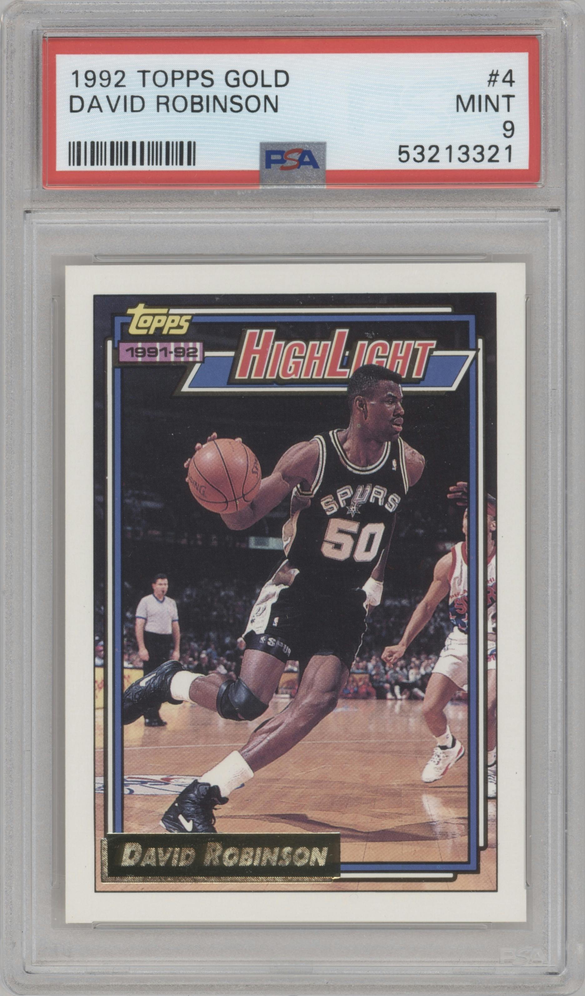 David Robinson from the 1992-93 Topps set featuring a Gold parallel graded by PSA and given an overall grade of 9.