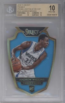 Andrew Wiggins from the 2014-15 Panini Select set featuring a Die-Cut Light Blue  parallel graded by Beckett and given an overall grade of 10.