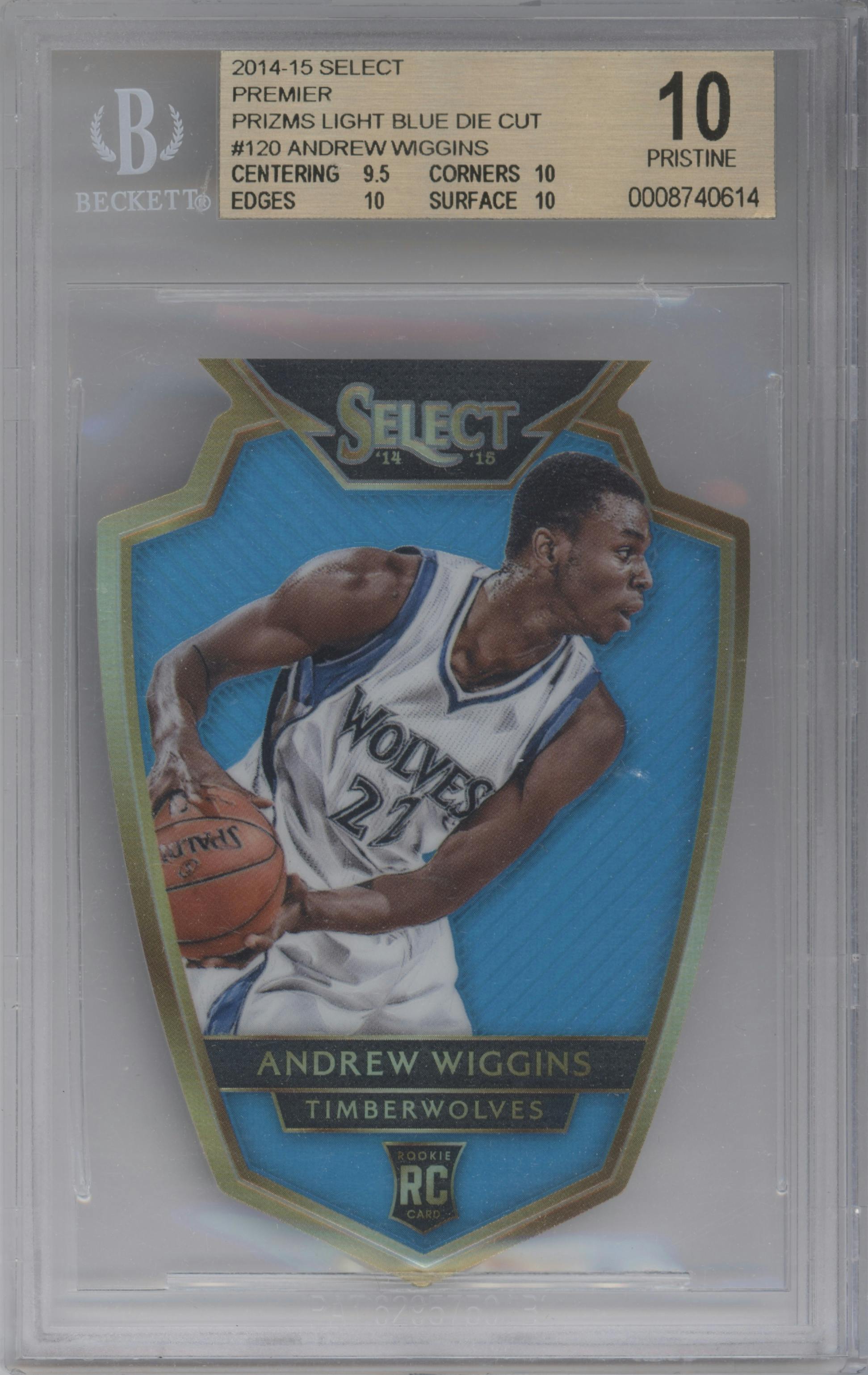 Andrew Wiggins from the 2014-15 Panini Select set featuring a Die-Cut Light Blue  parallel graded by Beckett and given an overall grade of 10.