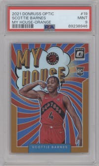 Scottie Barnes from the 2021-22 Panini Donruss Optic set featuring a Orange parallel graded by PSA and given an overall grade of 9.
