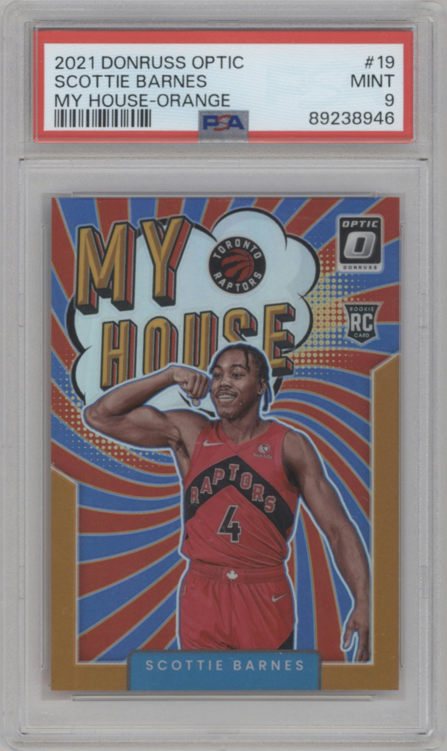Scottie Barnes from the 2021-22 Panini Donruss Optic set featuring a Orange parallel graded by PSA and given an overall grade of 9.