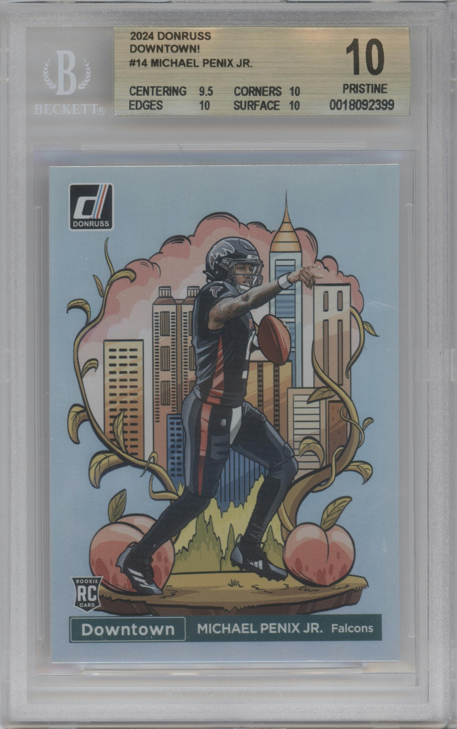 Michael Penix Jr. from the 2024 Donruss set graded by Beckett and given an overall grade of 10.