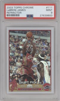 LeBron James from the 2003-04 Topps Chrome set featuring a Refractor parallel graded by PSA and given an overall grade of 9.
