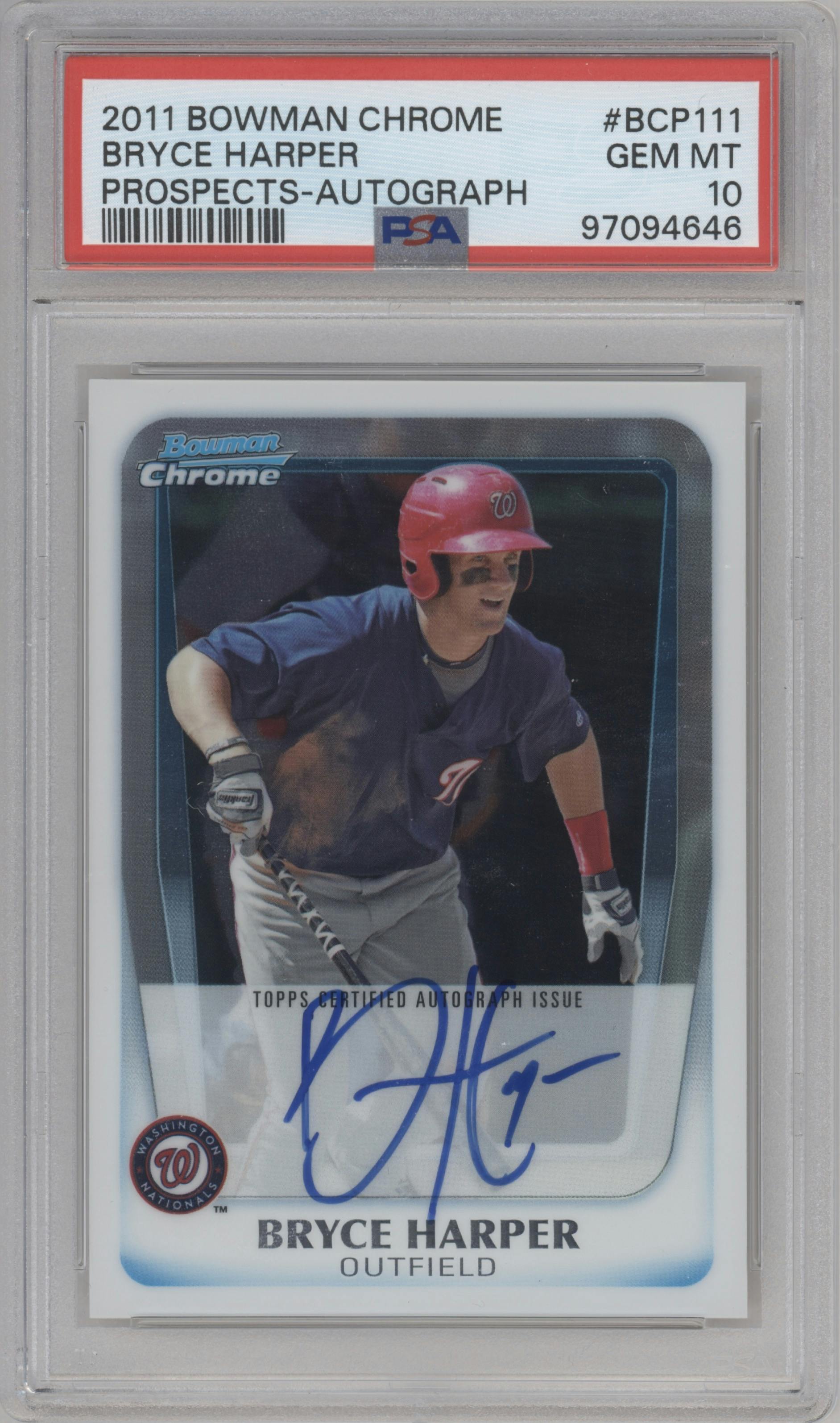 Bryce Harper from the 2011 Bowman Chrome set graded by PSA and given an overall grade of 10.