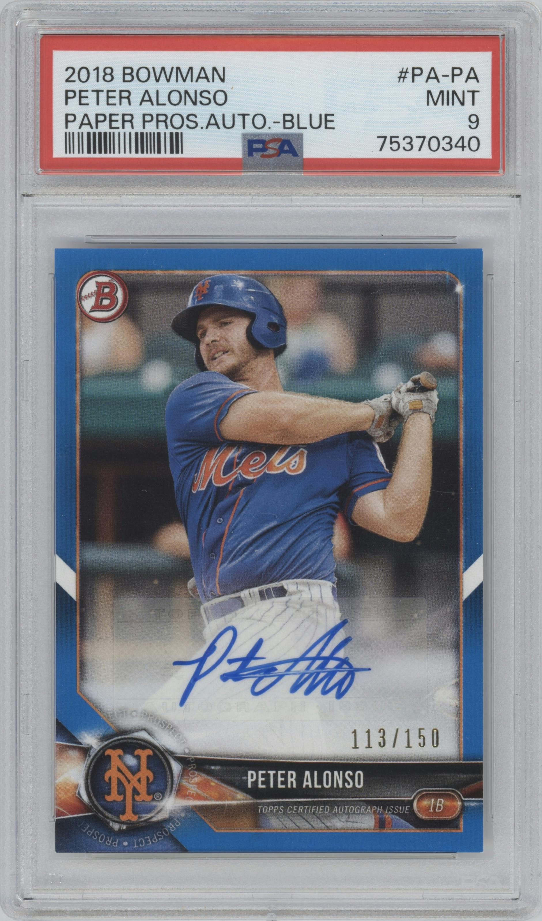 Peter Alonso from the 2018 Bowman set featuring a Blue parallel graded by PSA and given an overall grade of 9.
