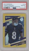 Lamar Jackson from the 2021 Panini Donruss set featuring a Press Proof Premium parallel graded by PSA and given an overall grade of 10.