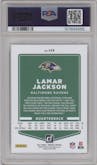 Lamar Jackson from the 2021 Panini Donruss set featuring a Press Proof Premium parallel graded by PSA and given an overall grade of 10.