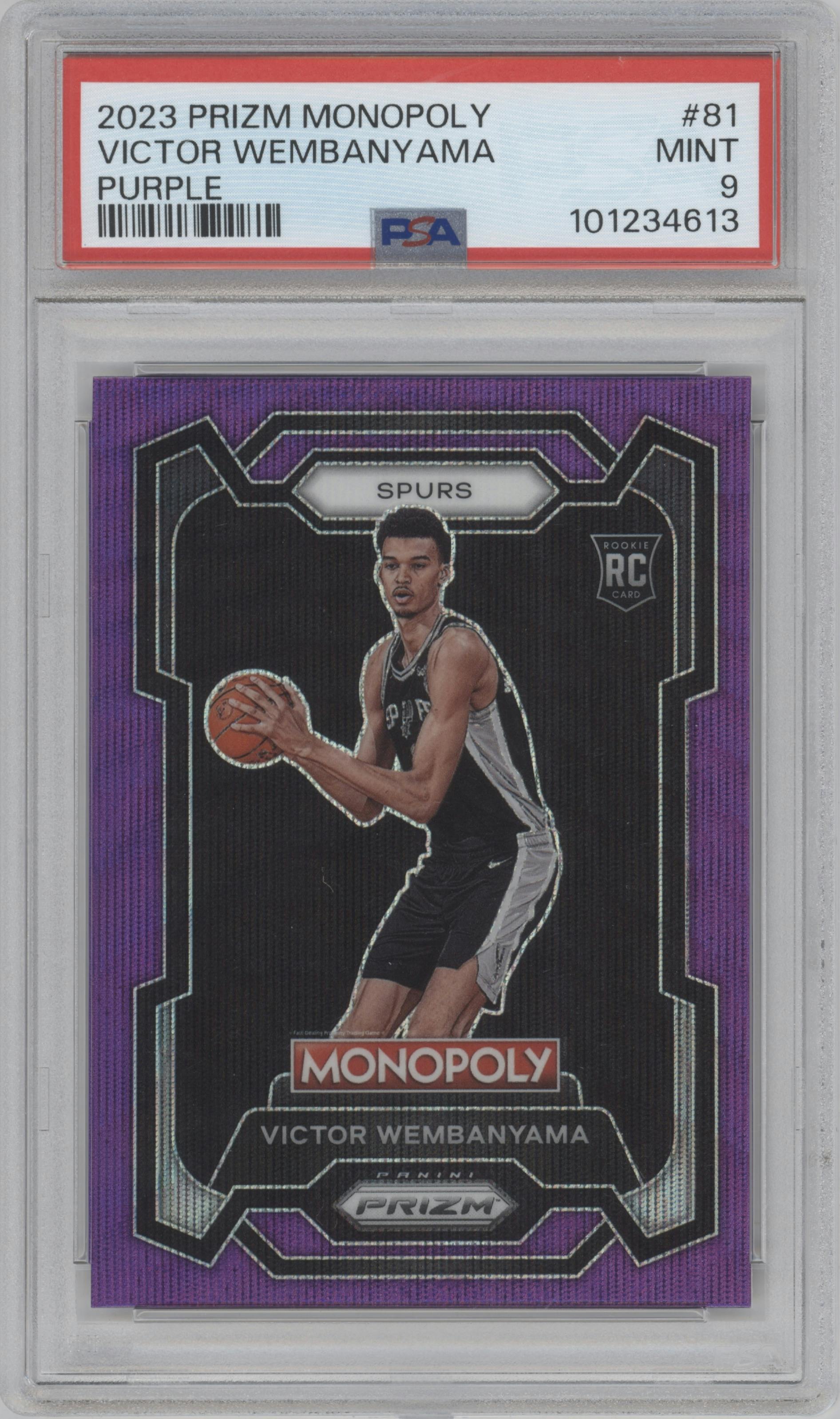 Victor Wembanyama from the 2023-24 Panini Prizm Monopoly set featuring a Purple  parallel graded by PSA and given an overall grade of 9.