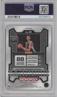 Victor Wembanyama from the 2023-24 Panini Prizm Monopoly set featuring a Purple  parallel graded by PSA and given an overall grade of 9.