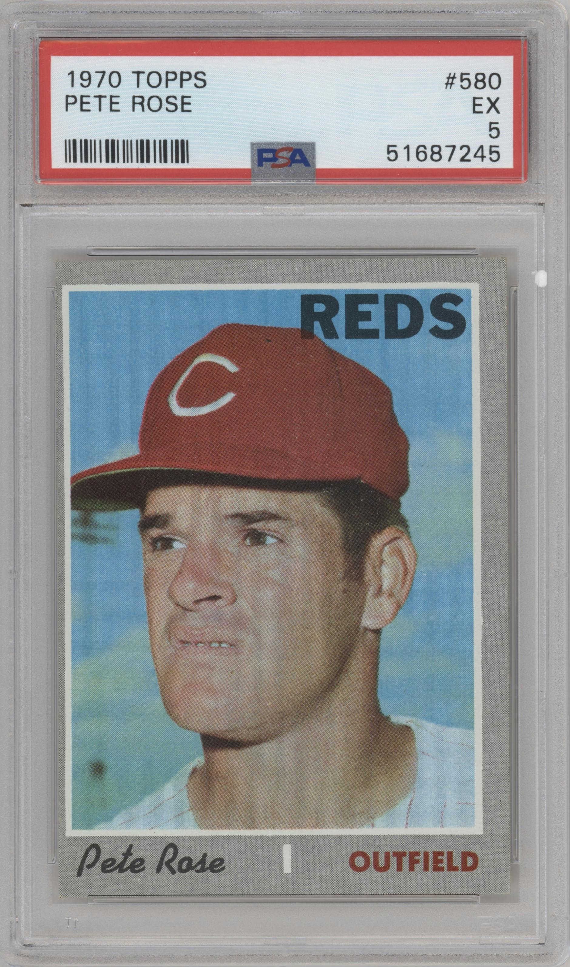Pete Rose from the 1970 Topps set graded by PSA and given an overall grade of 5.