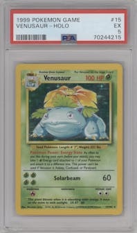 Venusaur from the 1999 Pokemon set graded by PSA and given an overall grade of 5.