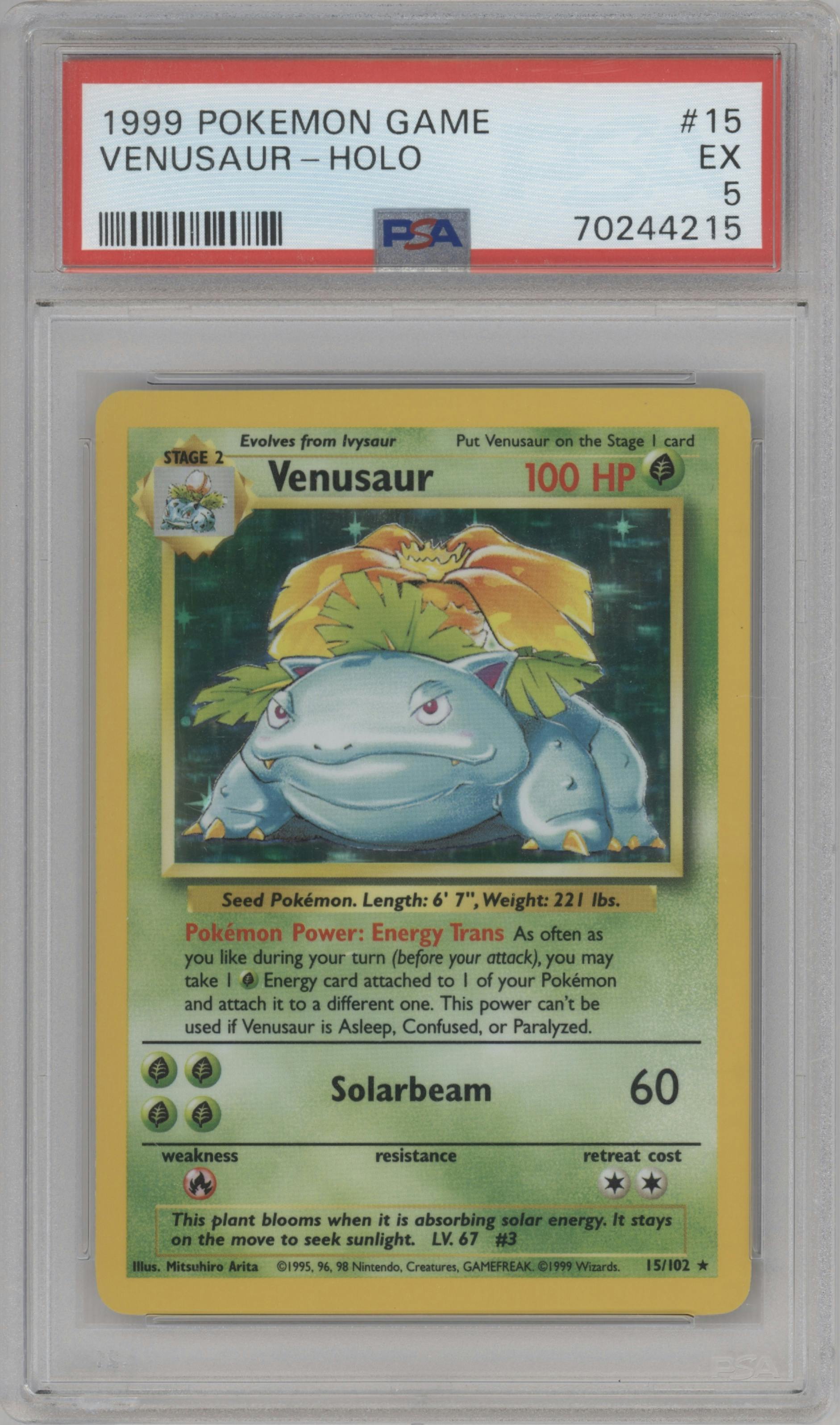 Venusaur from the 1999 Pokemon set graded by PSA and given an overall grade of 5.