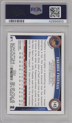 Freddie Freeman from the 2011 Topps set featuring a Gold parallel graded by PSA and given an overall grade of 10.